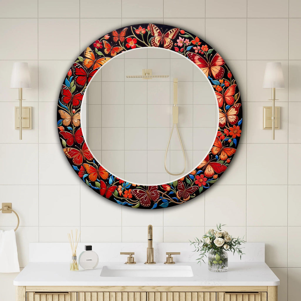 Butterfly Wall Mirror, Red Mosaic Style Round Wall Mirror