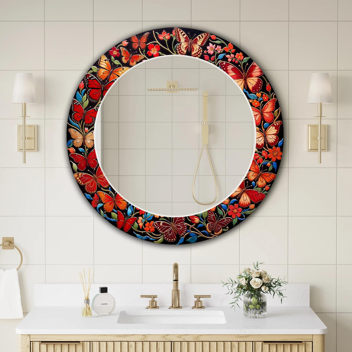 Butterfly Wall Mirror, Red Mosaic Style Round Wall Mirror
