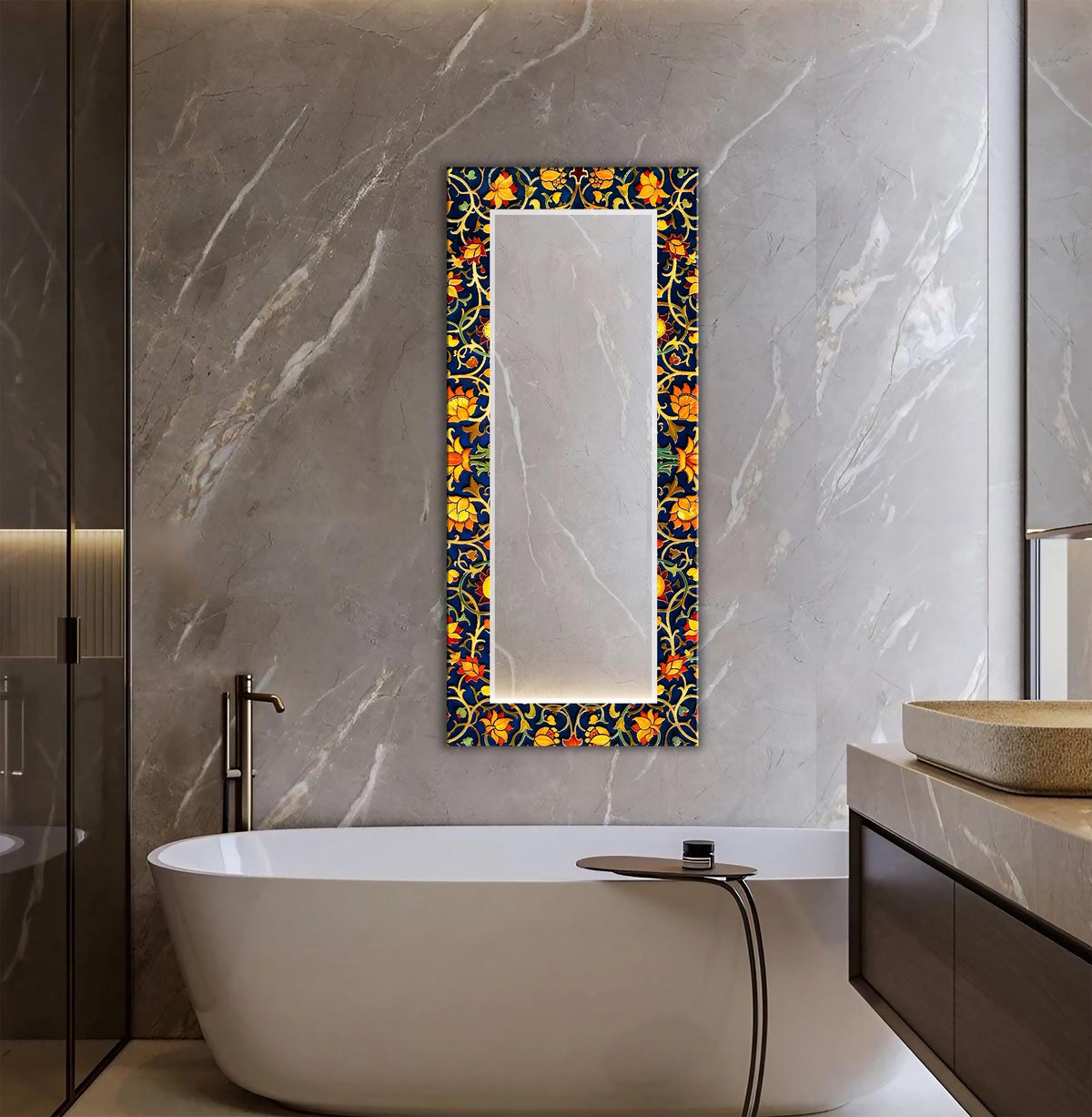 Persian Floral Wall Mirror, Red Abstract Square Mirror
