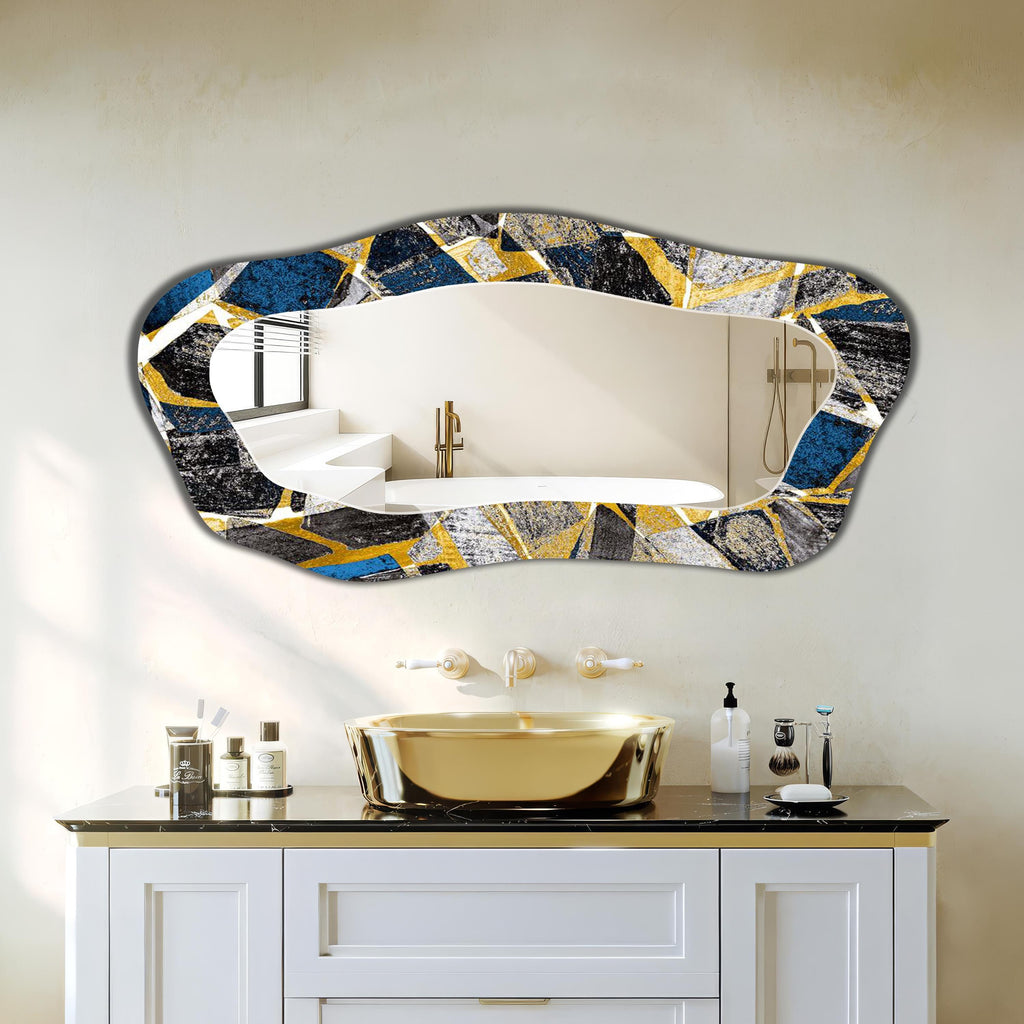 Abstract Irregular Wall Mirror, Gold Blue Cosmic Abstract Art as Mirror