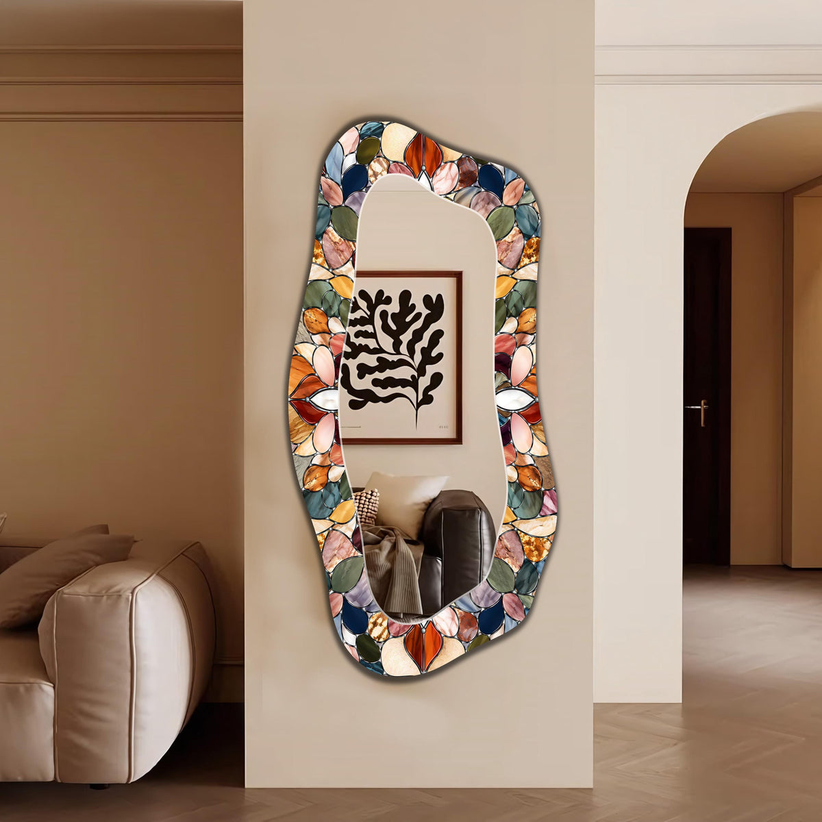 Asymmetric Wall Mirror, Stained Glass as Mirror, Mosaic Pattern Floral Full Length Mirror