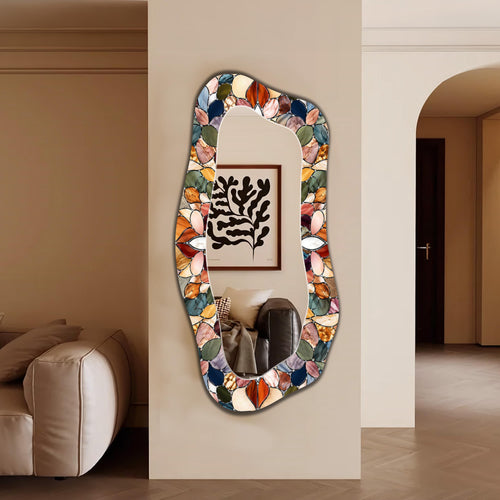 Asymmetric Wall Mirror, Stained Glass as Mirror, Mosaic Pattern Floral Full Length Mirror