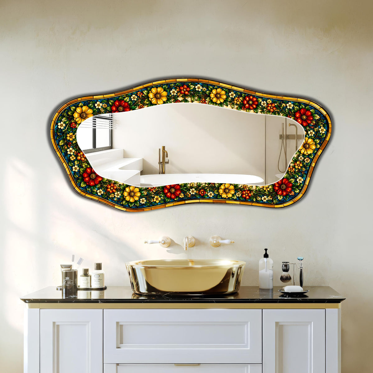 Irregular Wall Mirror, Mosaic Floral Texture Asymmetric Mirror