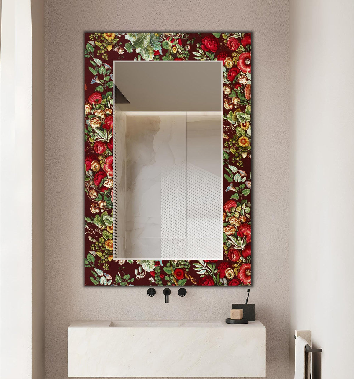 Decorative Wall Mirror, Red Floral Tempered Glass Round Frameless