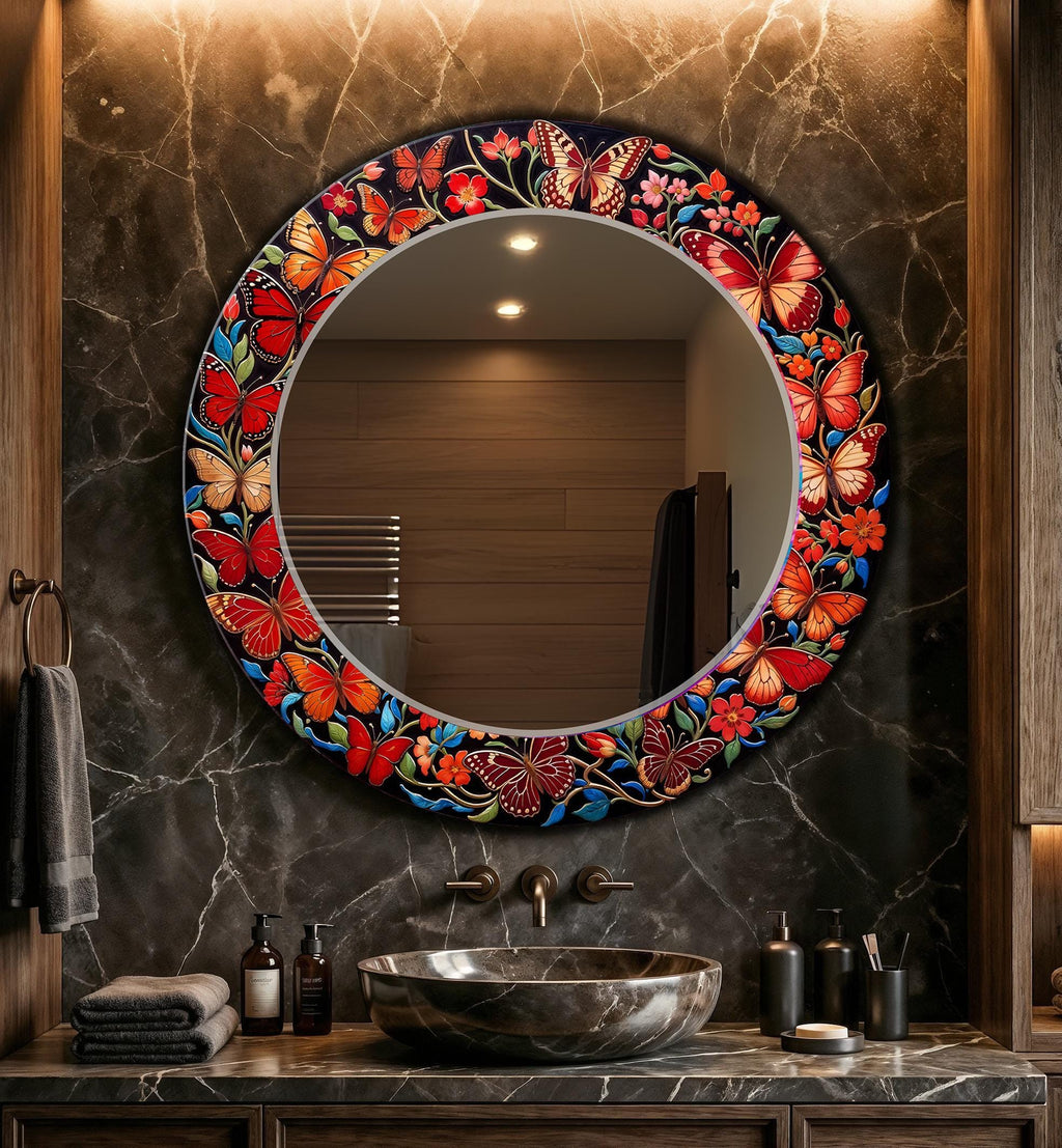 Butterfly Wall Mirror, Red Mosaic Style Round Wall Mirror