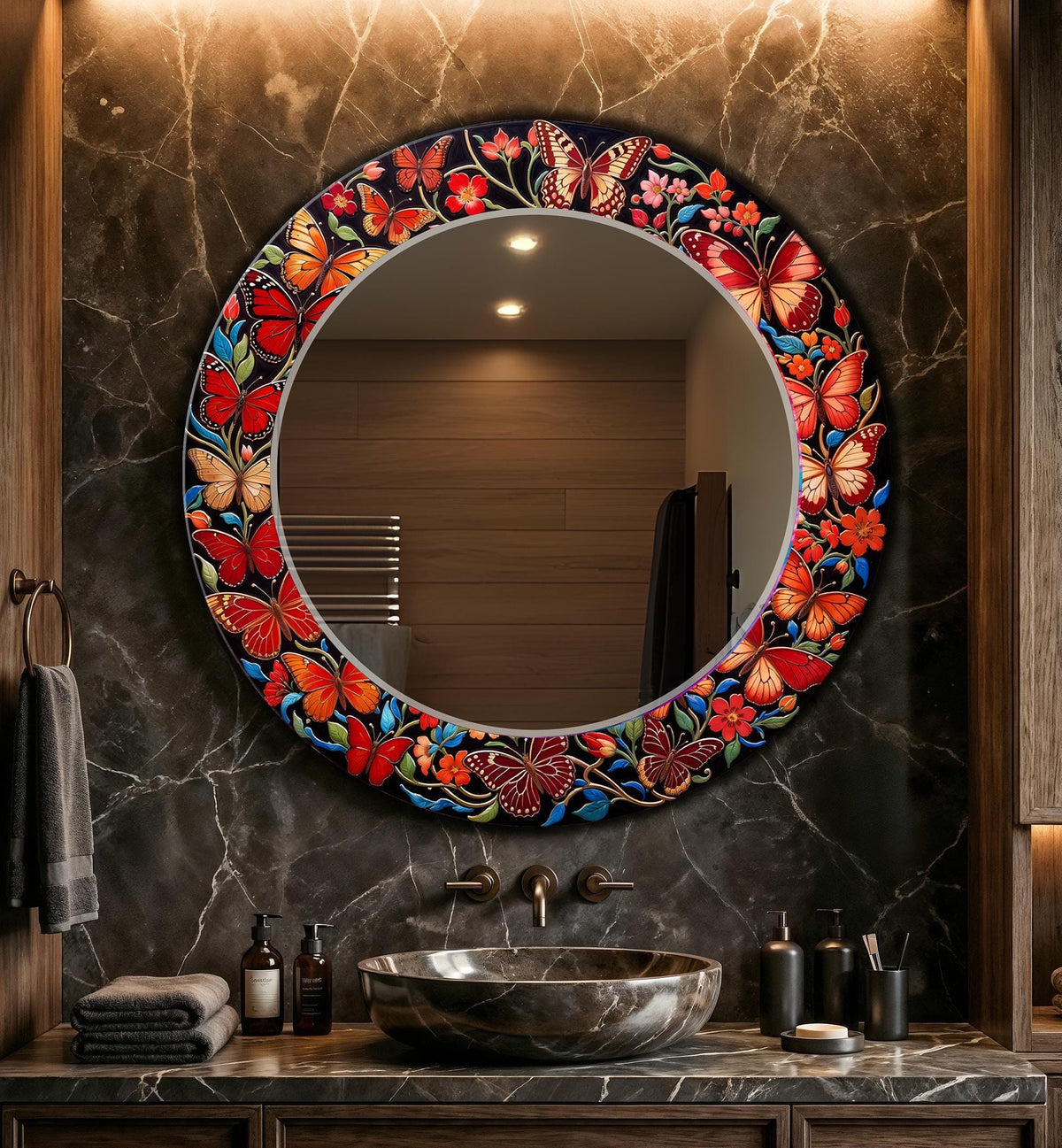 Butterfly Wall Mirror, Red Mosaic Style Round Wall Mirror