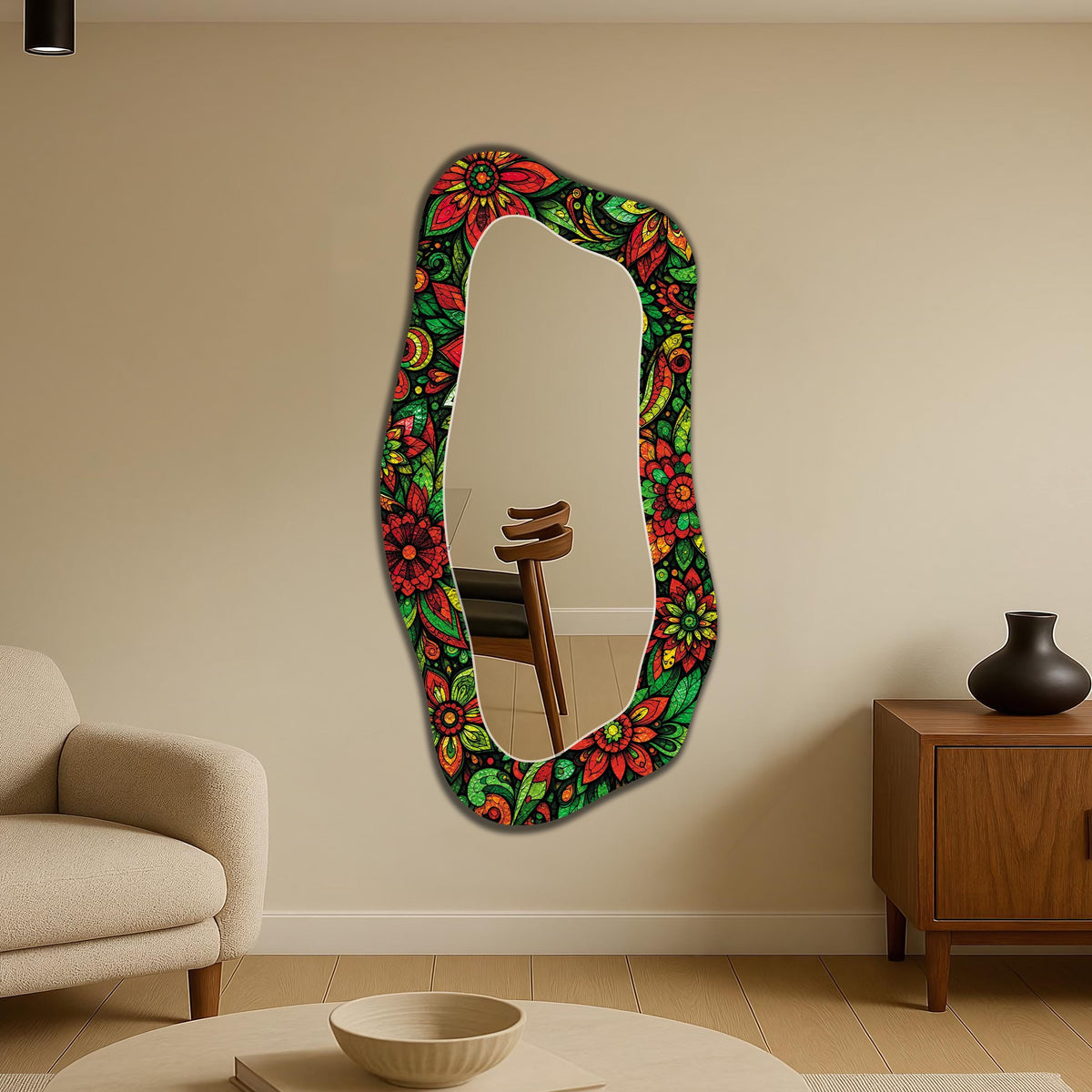 Irregular Wall Mirror, Stained Glass Floral Texture, Full-Length Mirror