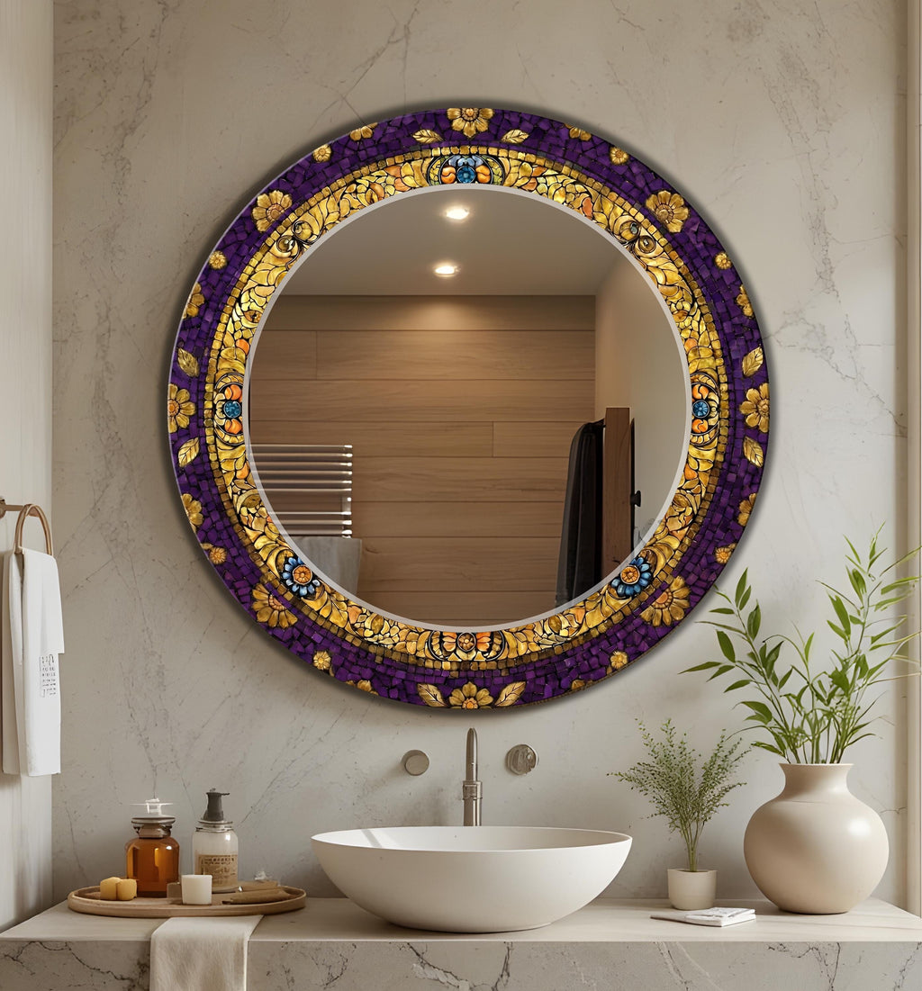 Round Green and Gold Mosaic Floral Texture Decorative Wall Mirror, Luxury Wall Mirror -  With Color & Size Variations