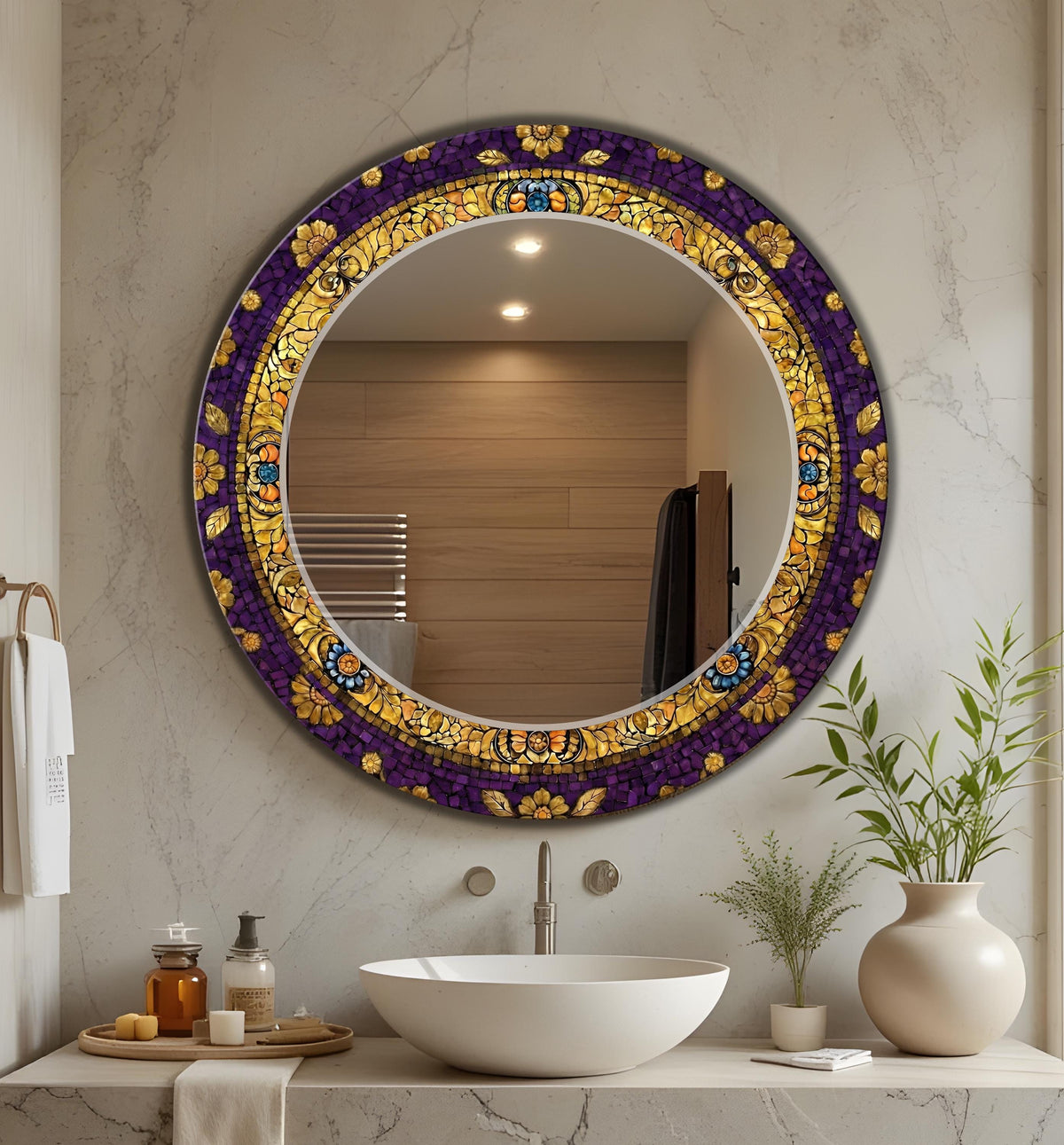 Round Green and Gold Mosaic Floral Texture Decorative Wall Mirror, Luxury Wall Mirror -  With Color & Size Variations