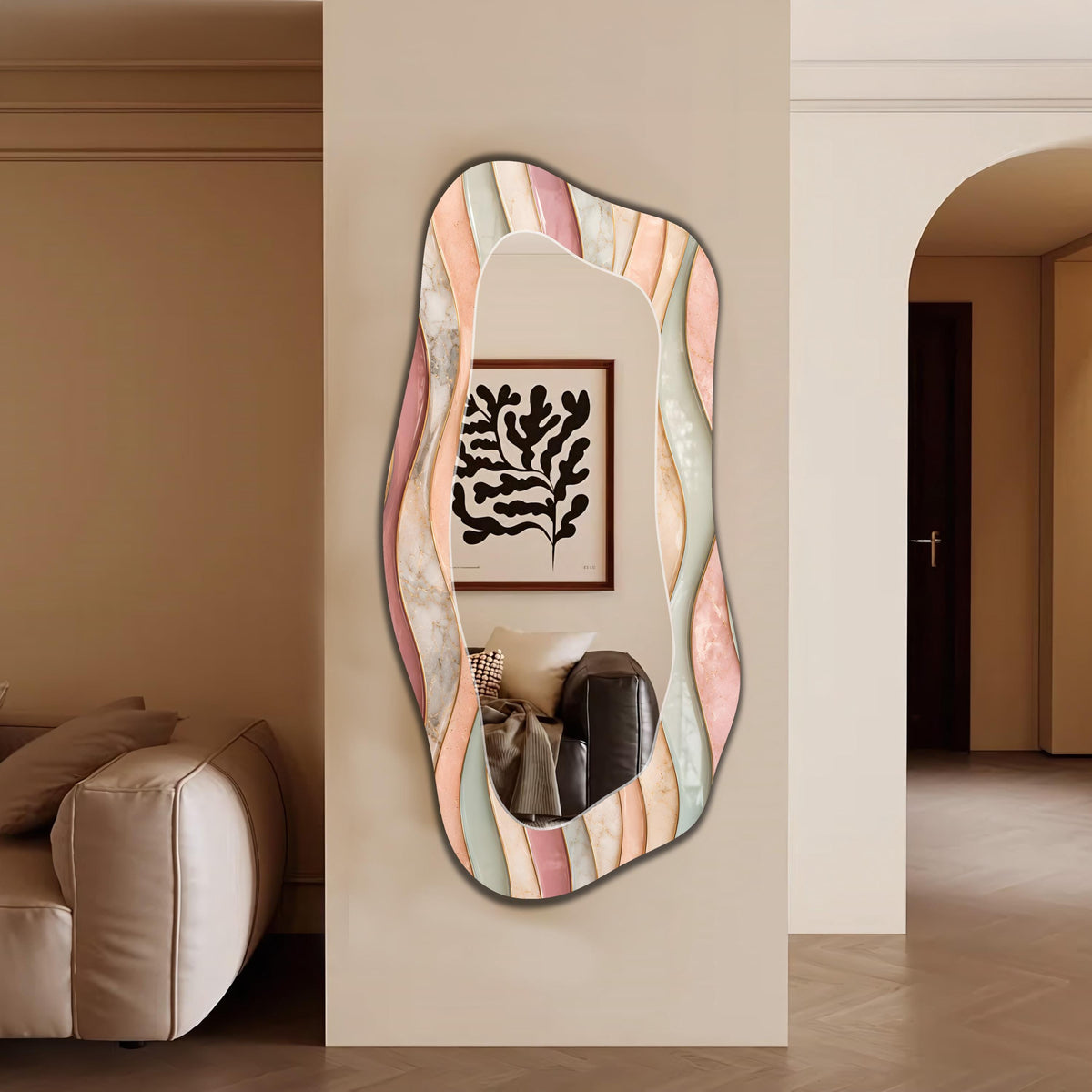 Irregular Wall Mirror, Pastel Marble Wave Asymmetric Mirror - Full Length Mirror