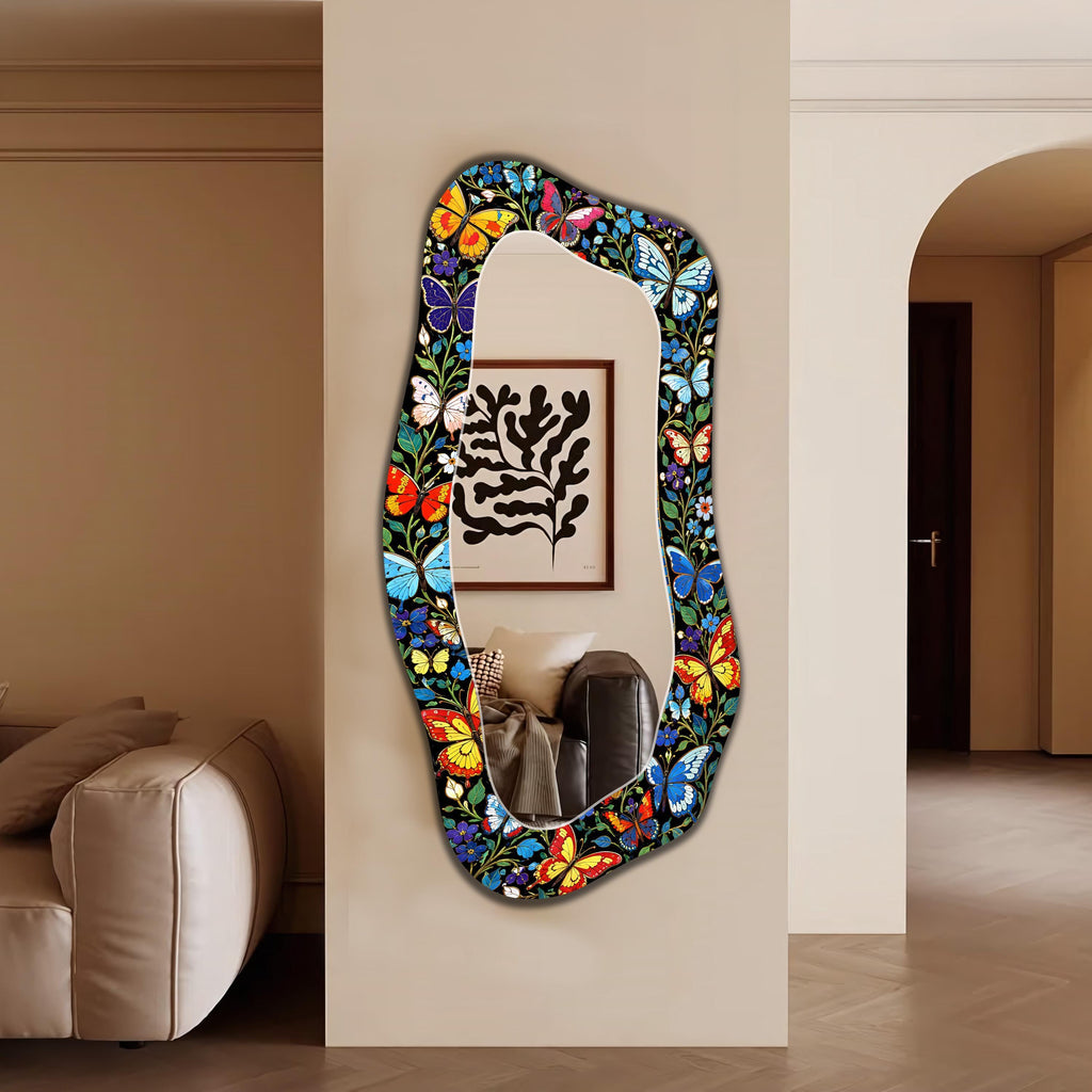 Irregular Butterfly Wall Mirror, Asymmetric Mosaic Pattern Full Length Organic Mirror