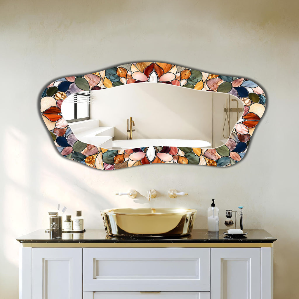 Asymmetric Wall Mirror, Stained Glass as Mirror, Mosaic Pattern Floral Full Length Mirror
