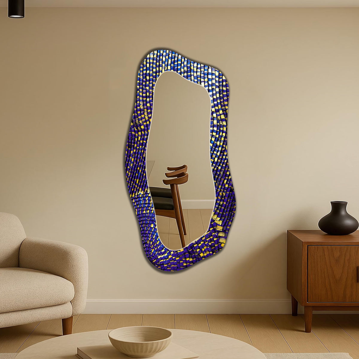 Irregular Wall Mirror Gold Blue Abstract Asymmetric Full-Length Mirror