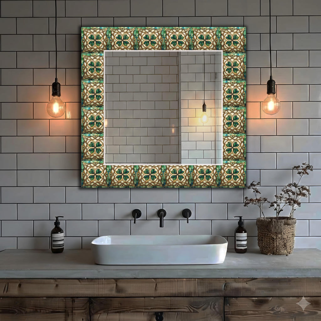 Green Abstract Round Mirror Ceramic Glass Art Mirror, Flat Glass Art as Mirror