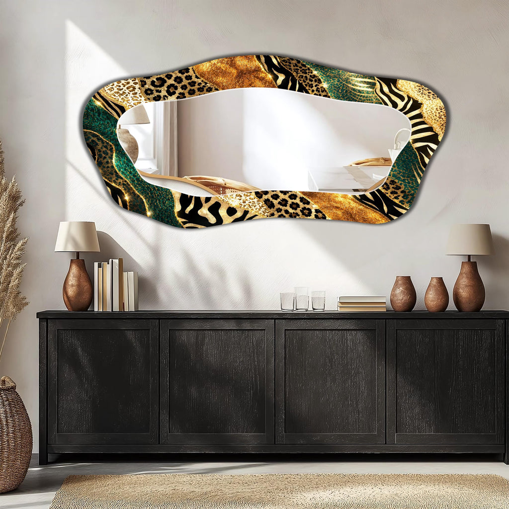 Asymmetrical Wall Mirror, Gold Leopard Zebra Pattern Abstract Art as Irregular Mirror