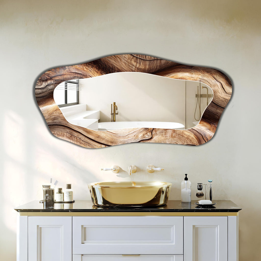 Asymmetrical Wall Mirror, Wooden Texture Irregular Mirror