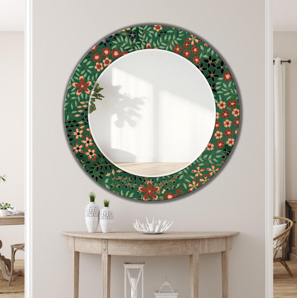 Floral Round Mirror, Green Retro Floral Art as Wall Mirror