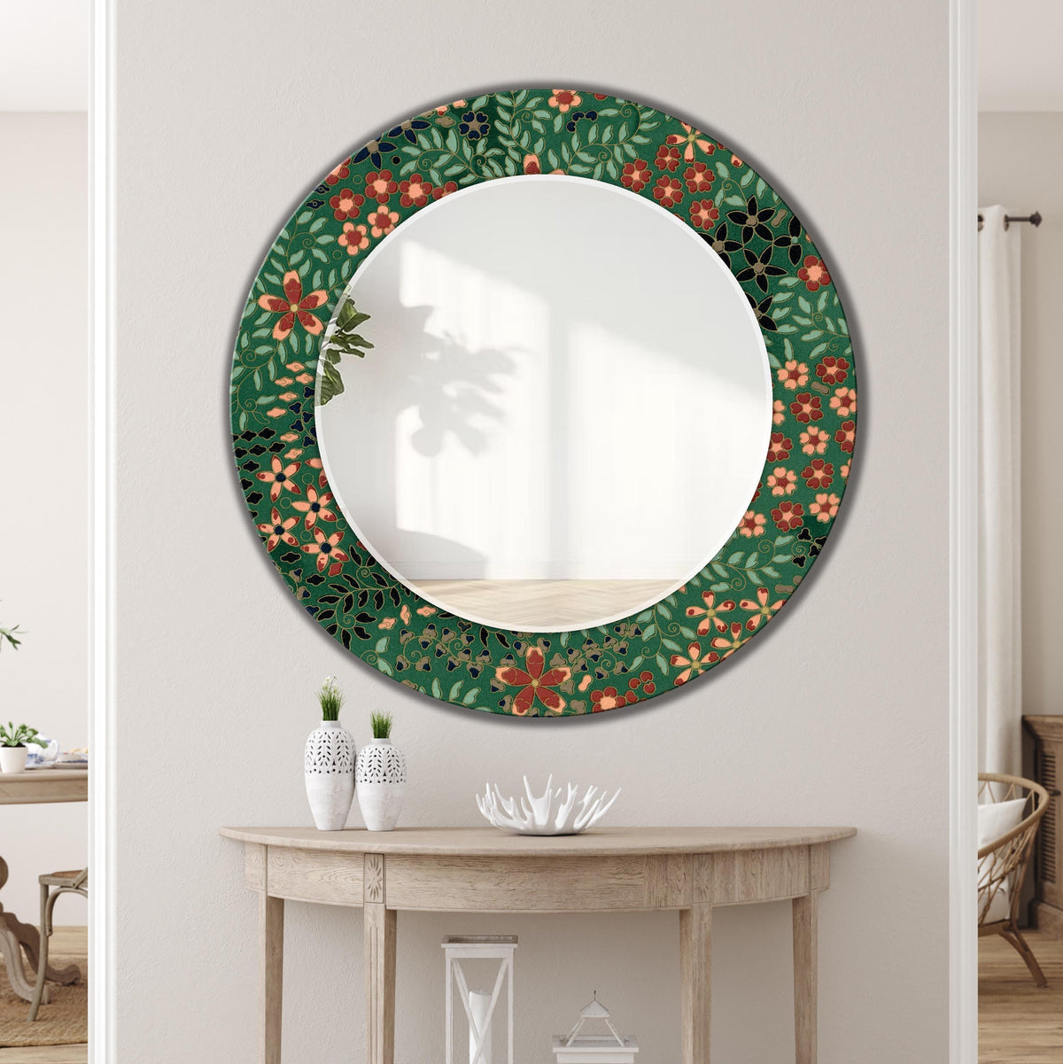 Floral Round Mirror, Green Retro Floral Art as Wall Mirror