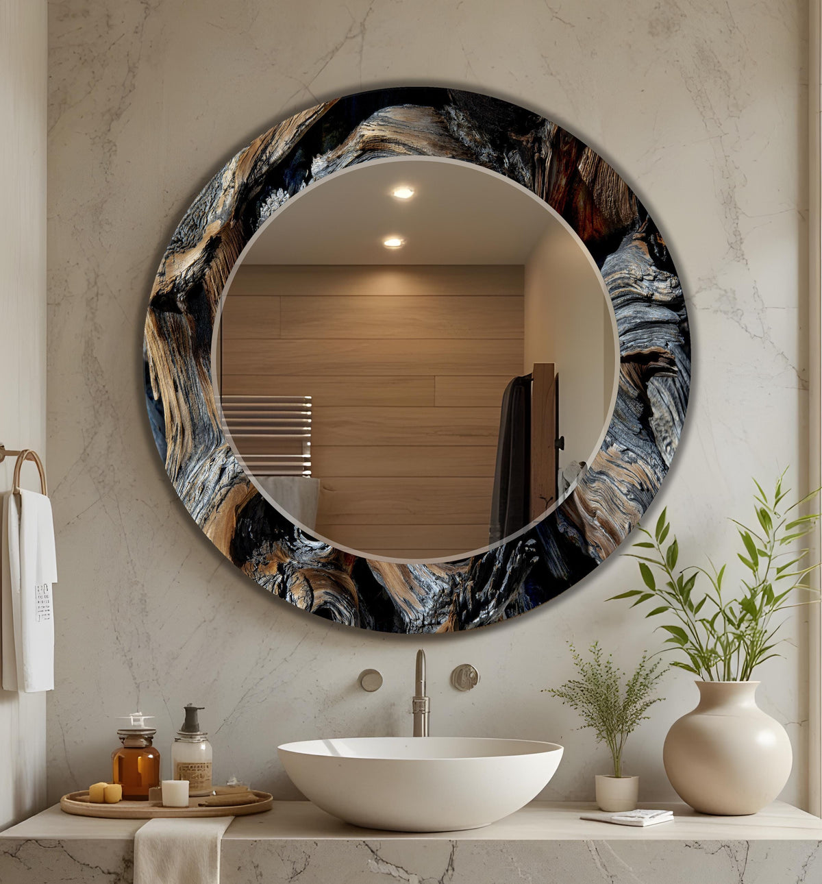 Large Abstract Wall Mirror, Wooden Wave Texture, Home Decor