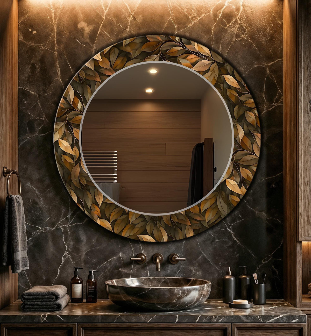 Decorative Round Wall Mirror, Luxury Leaf Pattern as Large Mirror