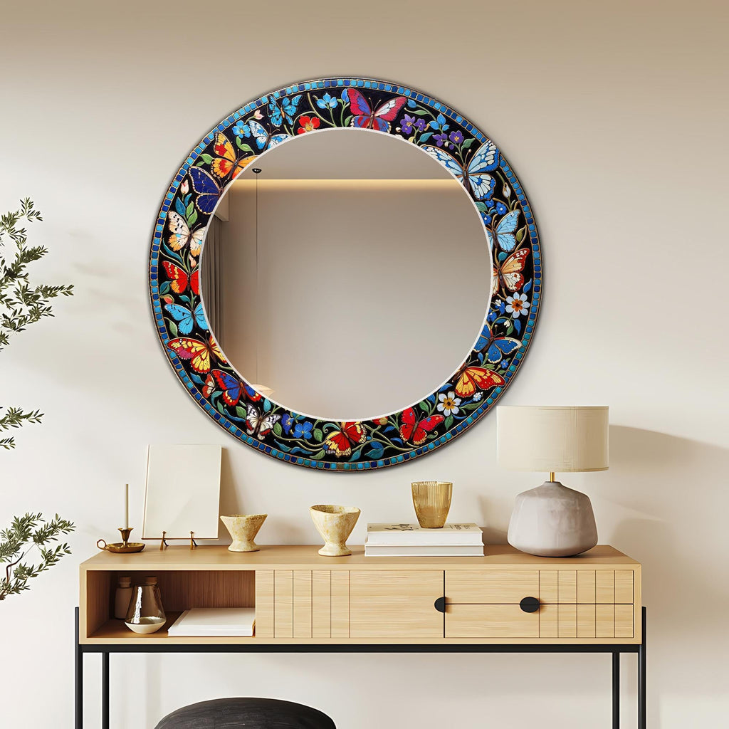 Butterfly Wall Mirror, Round Mosaic Texture Wall Mirror - With Variations Shape