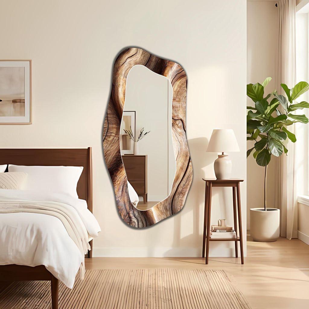 Asymmetrical Wall Mirror, Wooden Texture Irregular Mirror