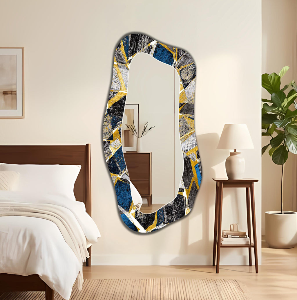 Abstract Irregular Wall Mirror, Gold Blue Cosmic Abstract Art as Mirror