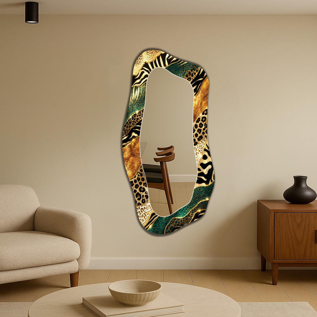 Asymmetrical Wall Mirror, Gold Leopard Zebra Pattern Abstract Art as Irregular Mirror