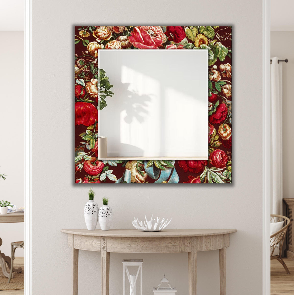 Decorative Wall Mirror, Red Floral Tempered Glass Round Frameless