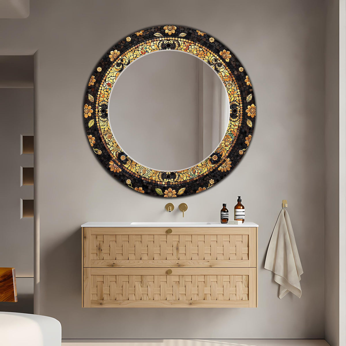 Round Green and Gold Mosaic Floral Texture Decorative Wall Mirror, Luxury Wall Mirror -  With Color & Size Variations