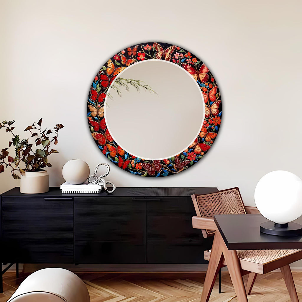 Butterfly Wall Mirror, Red Mosaic Style Round Wall Mirror