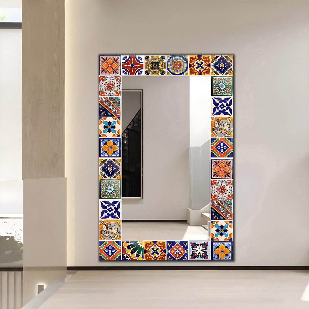 Floral Wall Mirror, Mexican Tile Wall Art as Full-Length Mirror, Tile Pattern Wall Art as Mirror