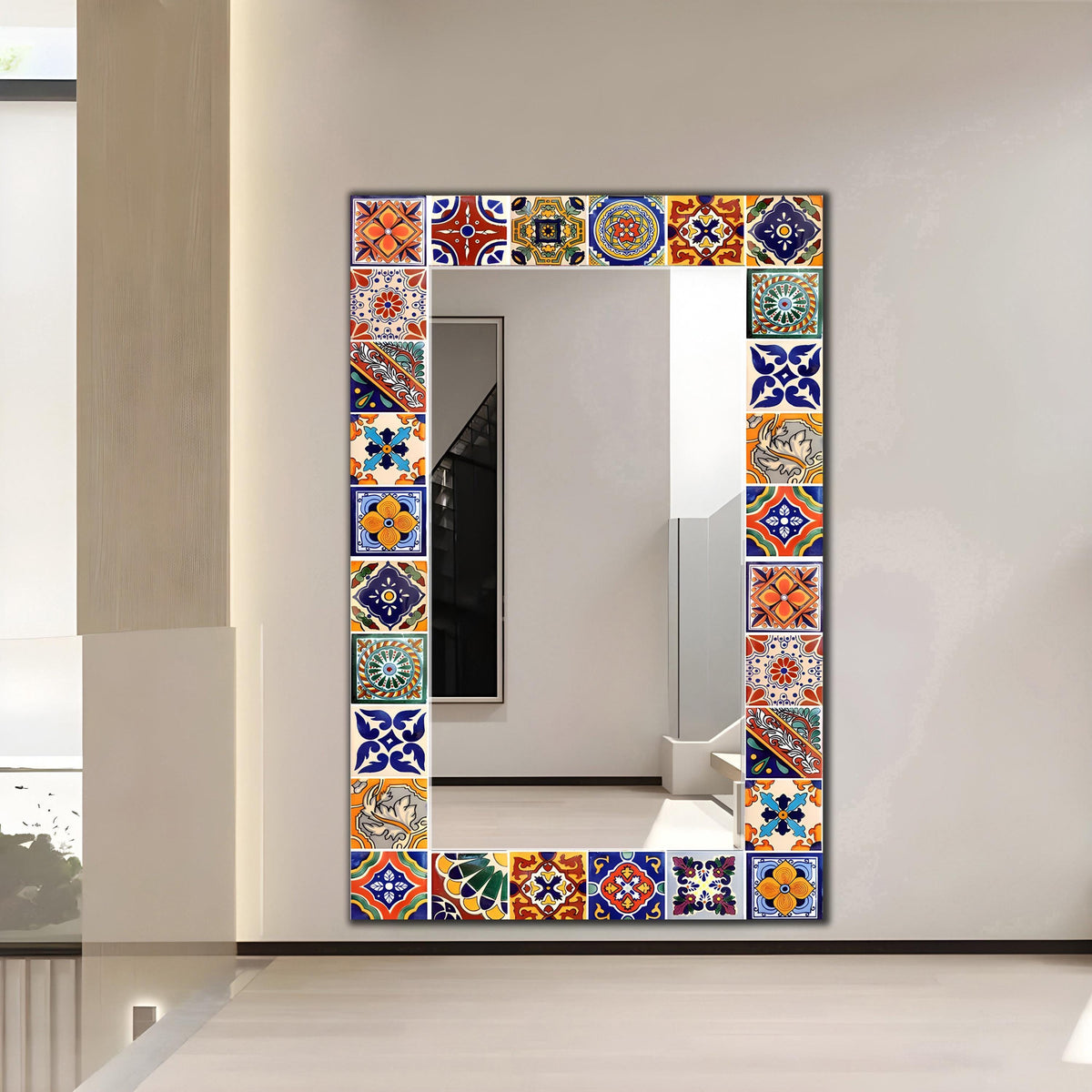 Floral Wall Mirror, Mexican Tile Wall Art as Full-Length Mirror, Tile Pattern Wall Art as Mirror