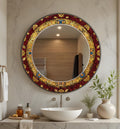 Round Wall Mirror, Luxury Red and Gold Mosaic Pattern Glass Art as Round Mirror