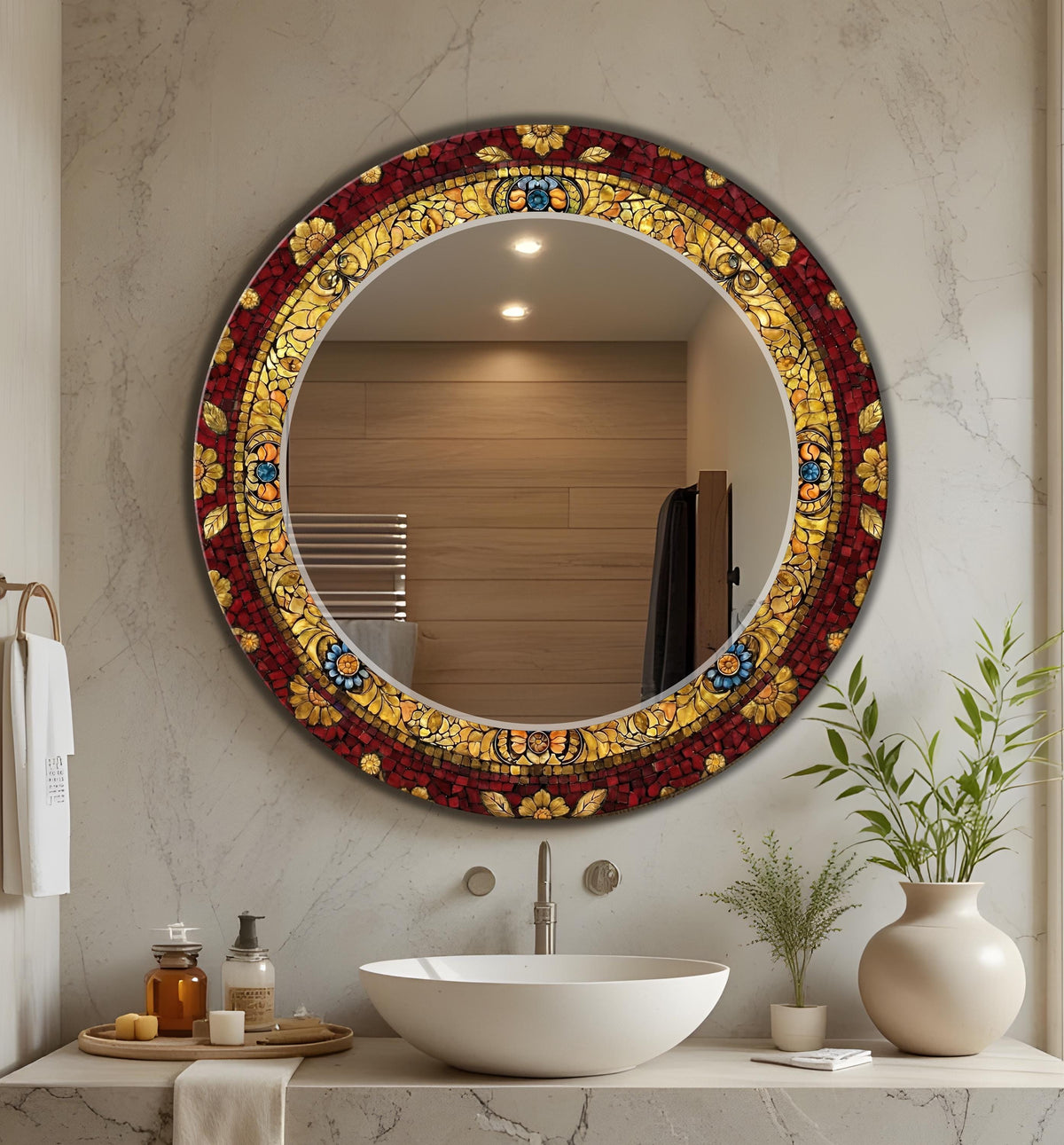 Round Wall Mirror, Luxury Red and Gold Mosaic Pattern Glass Art as Round Mirror