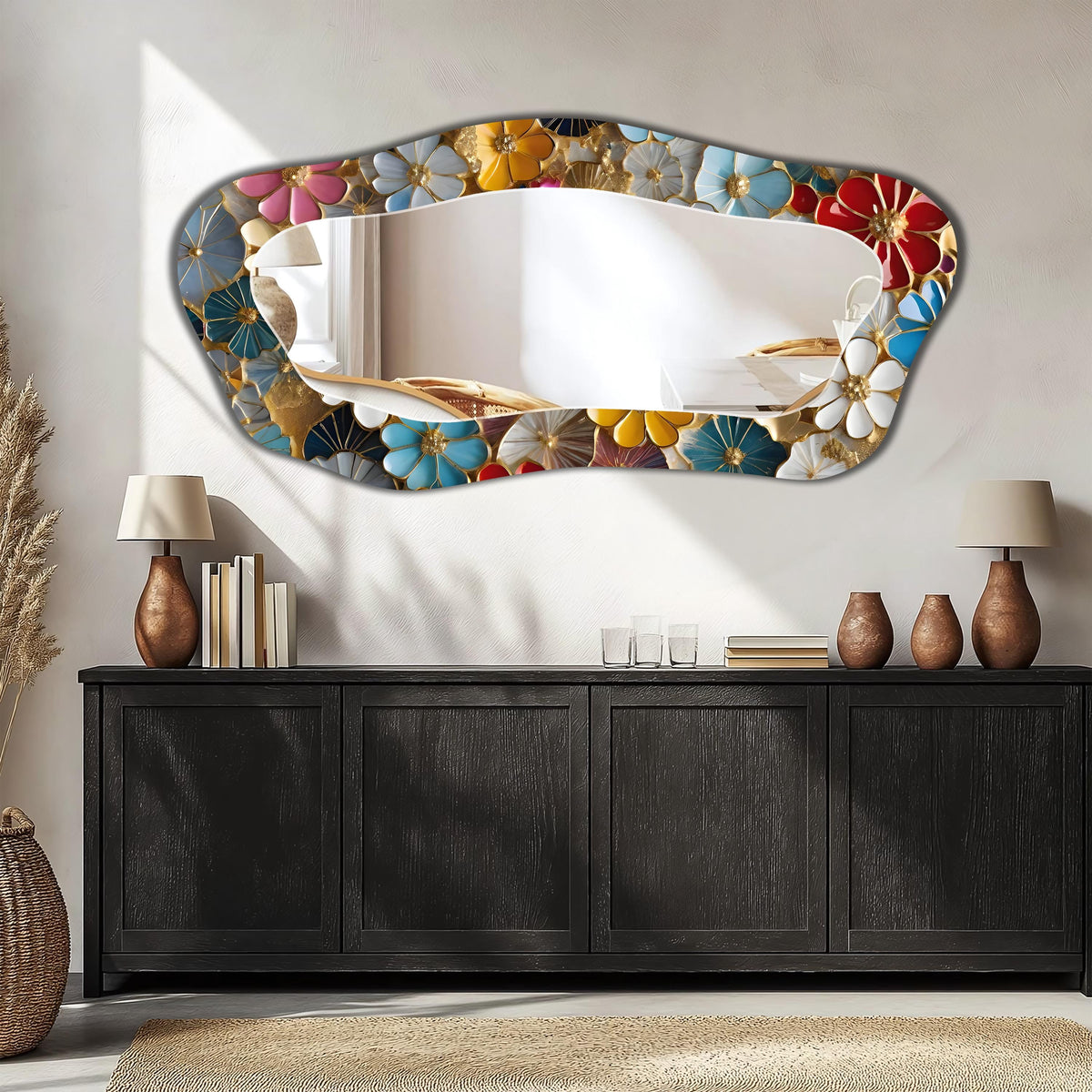 Irregular Full Length Mirror, Floral Glass Art as Organic Mirror