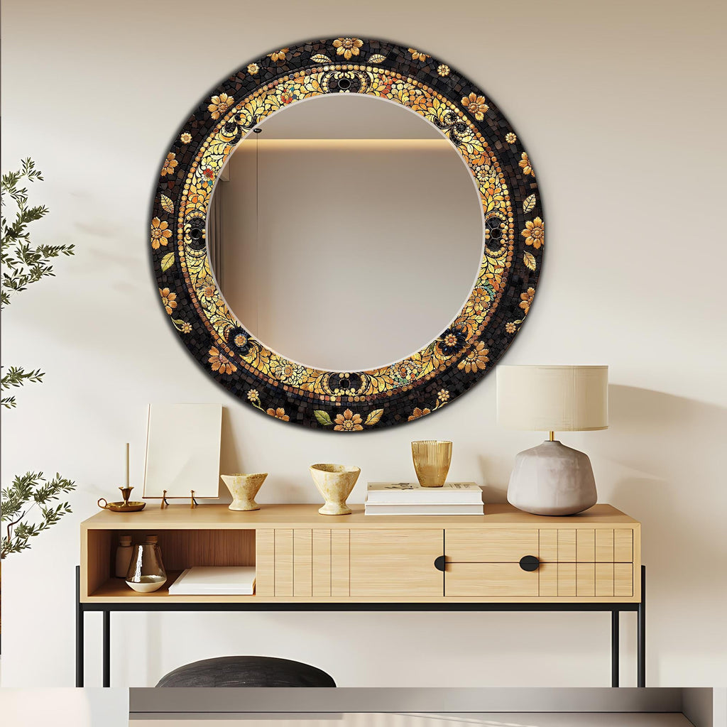 Round Wall Mirror, Luxury Red and Gold Mosaic Pattern Glass Art as Round Mirror