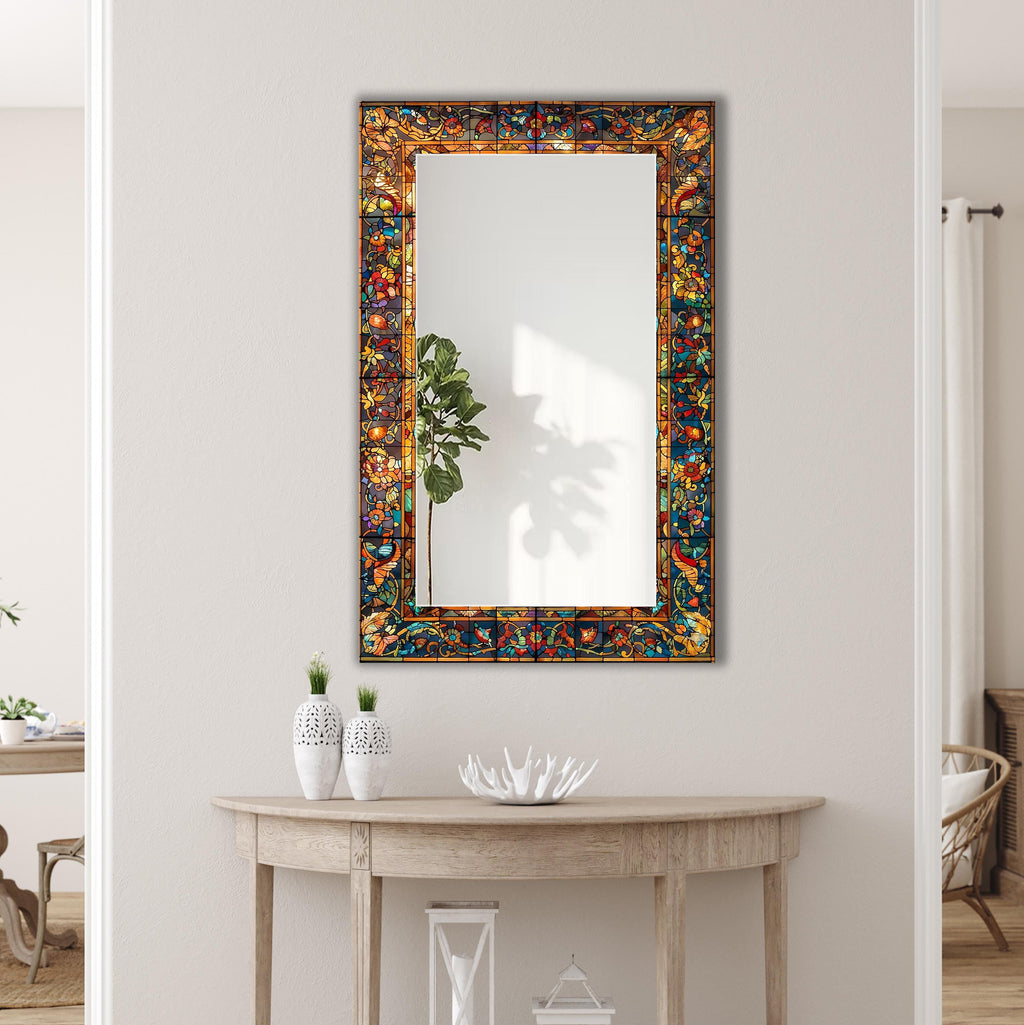 Decorative Wall Mirror, Stained Glass Texture Wall Mirror, Floral Luxury Mirror