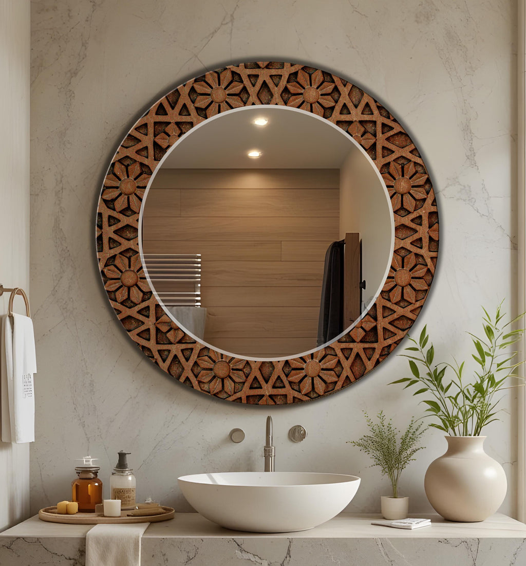 Mosaic Art as Wall Mirror, Brown Mosaic Floral Pattern Large Mirror