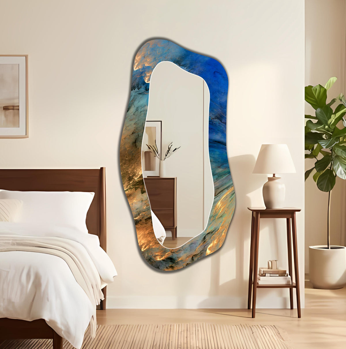 Abstract Wall Mirror, Gold Blue Mosaic Texture Irregular Miror