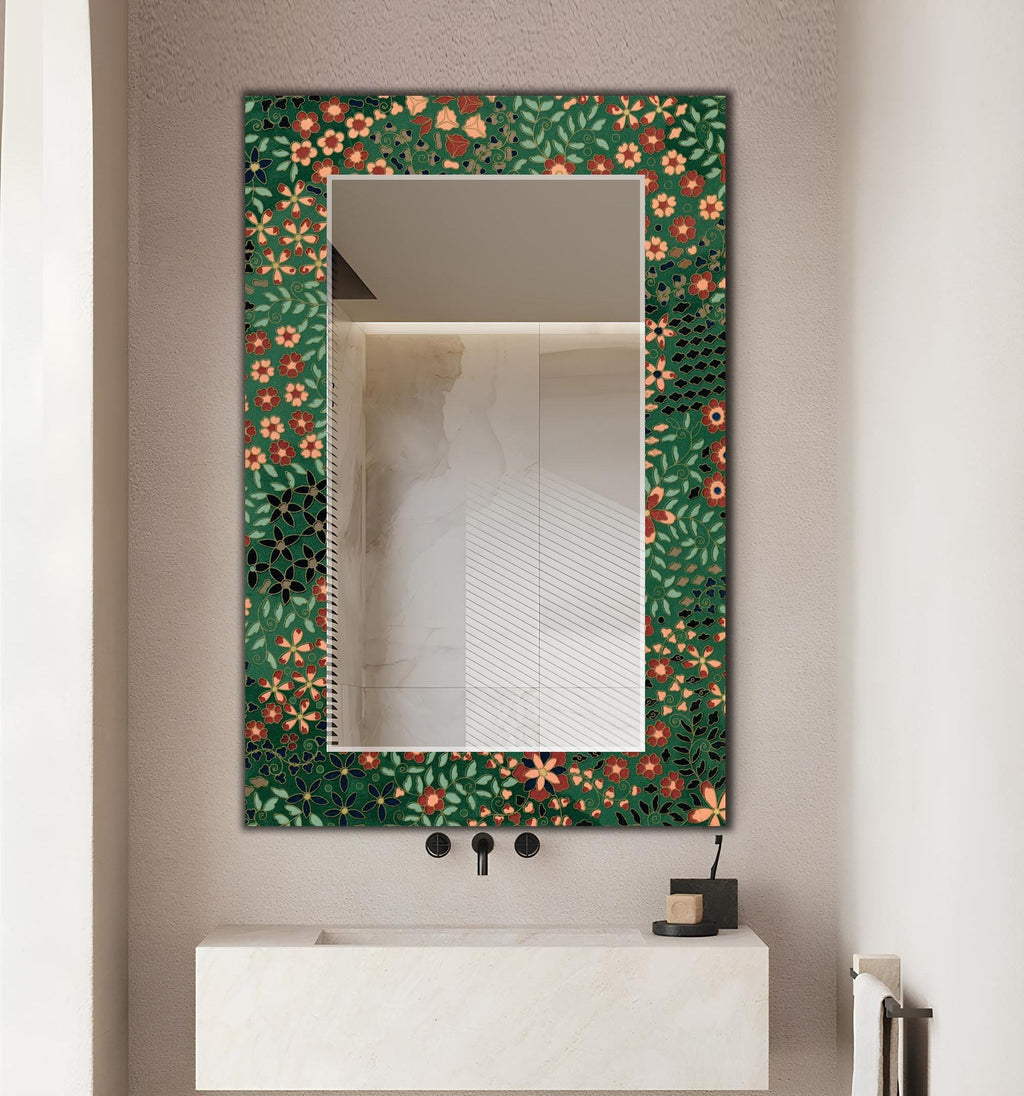 Floral Full Length Mirror, Green Retro Floral Texture Wall Mirror - With Shape Variations