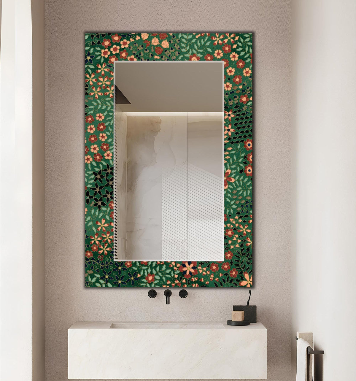 Floral Full Length Mirror, Green Retro Floral Texture Wall Mirror - With Shape Variations