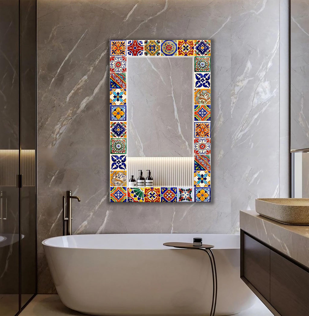 Floral Wall Mirror, Mexican Tile Wall Art as Full-Length Mirror, Tile Pattern Wall Art as Mirror