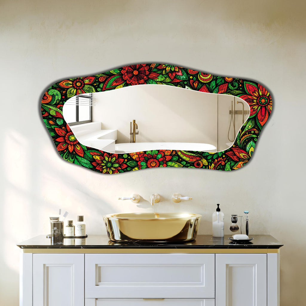 Irregular Wall Mirror, Stained Glass Floral Texture, Full-Length Mirror