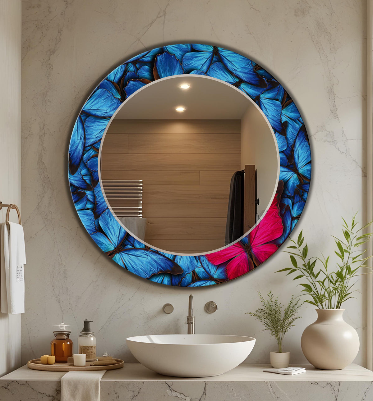 Round Wall Mirror, Blue and Pink Abstract Art as Mirror, Butterfly Mirror