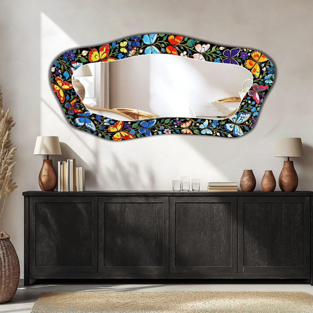 Irregular Butterfly Wall Mirror, Asymmetric Mosaic Pattern Full Length Organic Mirror