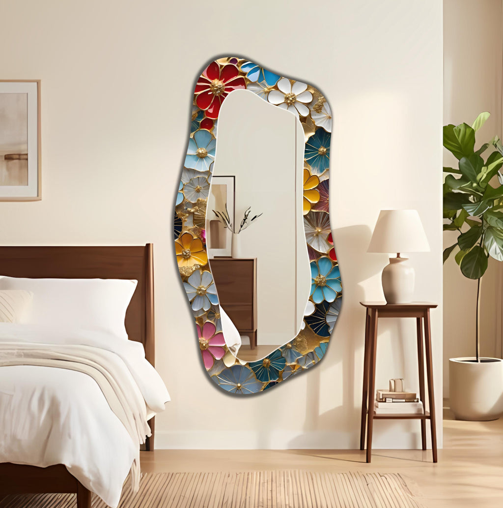 Floral Wall Mirror, Colorful UV Glass Backed Frameless Ready Hang