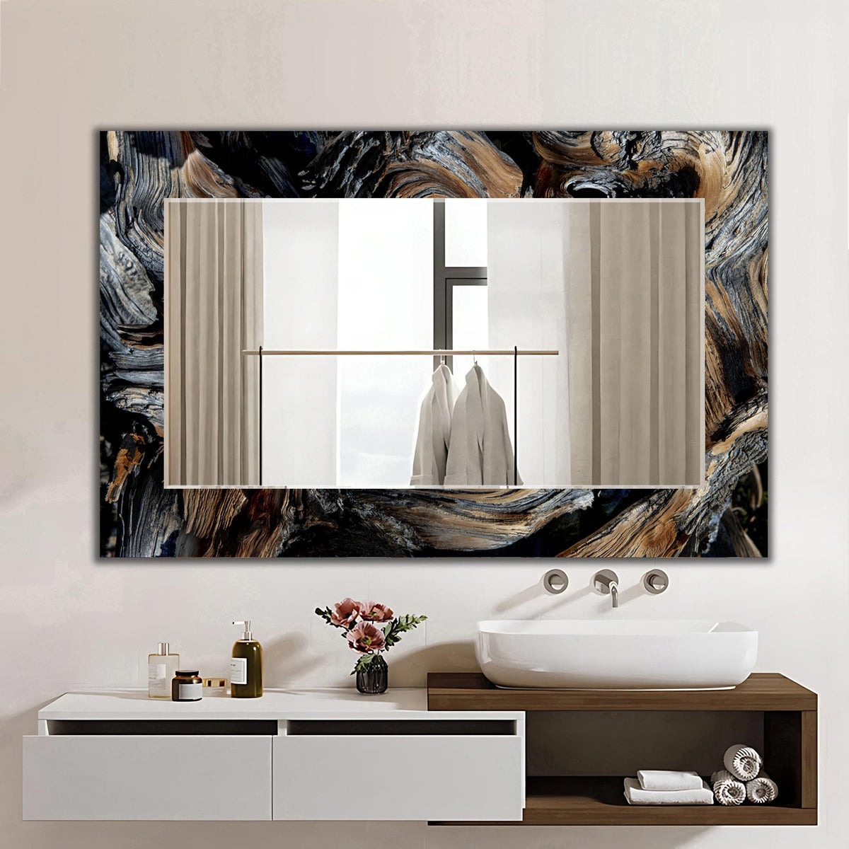 Large Abstract Wall Mirror, Wooden Wave Texture, Home Decor