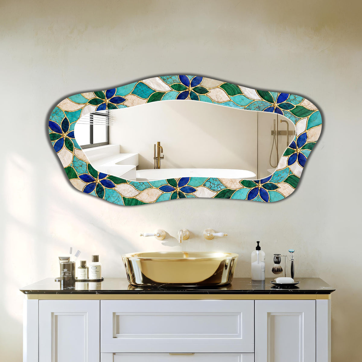 Full Length Decorative Mirror, Blue Floral Texture Irregular Organic Wall Mirror