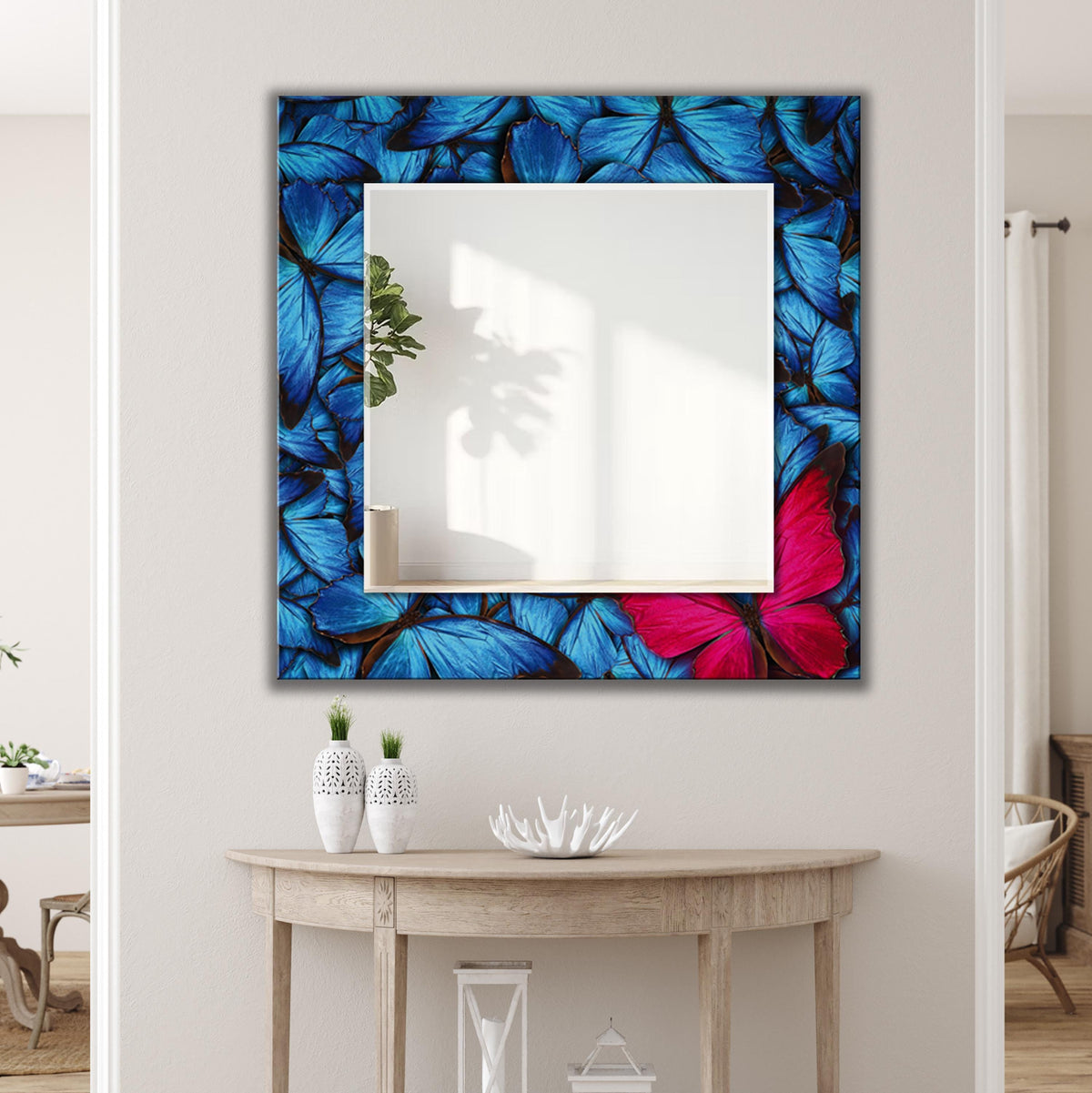 Round Wall Mirror, Blue and Pink Abstract Art as Mirror, Butterfly Mirror